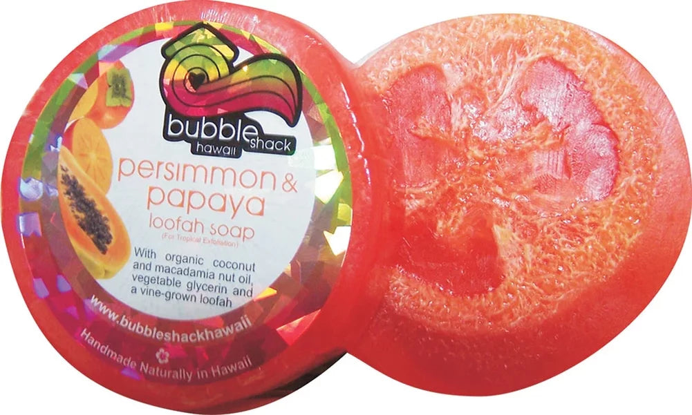 Premium Hawaiian Bubble Shack Loofah Glycerin Soap Persimmon And Papaya 4 bars