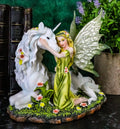 Premium Premium Green Earth Gaia Fairy With Rare Floral White Unicorn Statue Decor Figurine 7"L