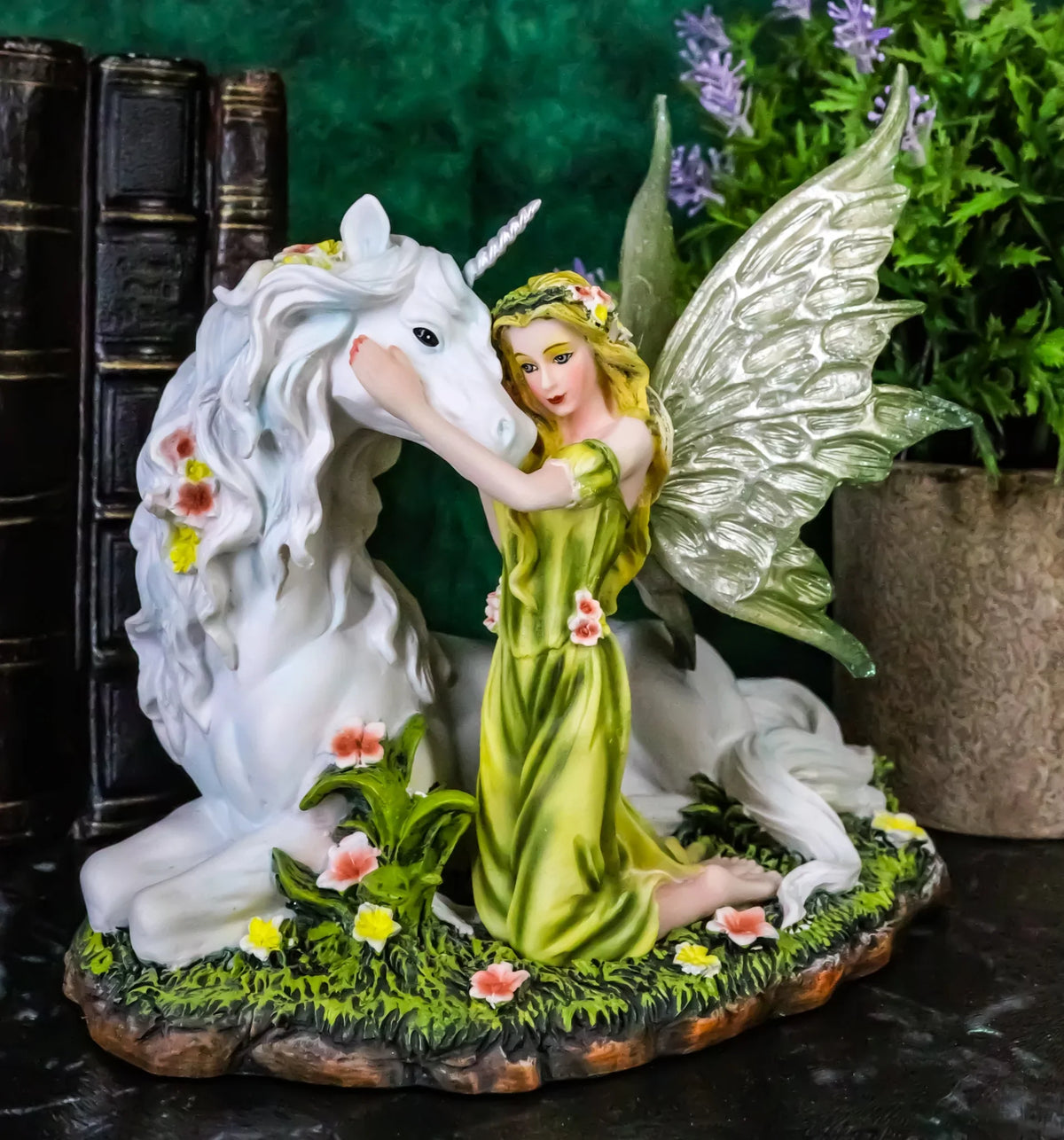 Premium Premium Green Earth Gaia Fairy With Rare Floral White Unicorn Statue Decor Figurine 7"L