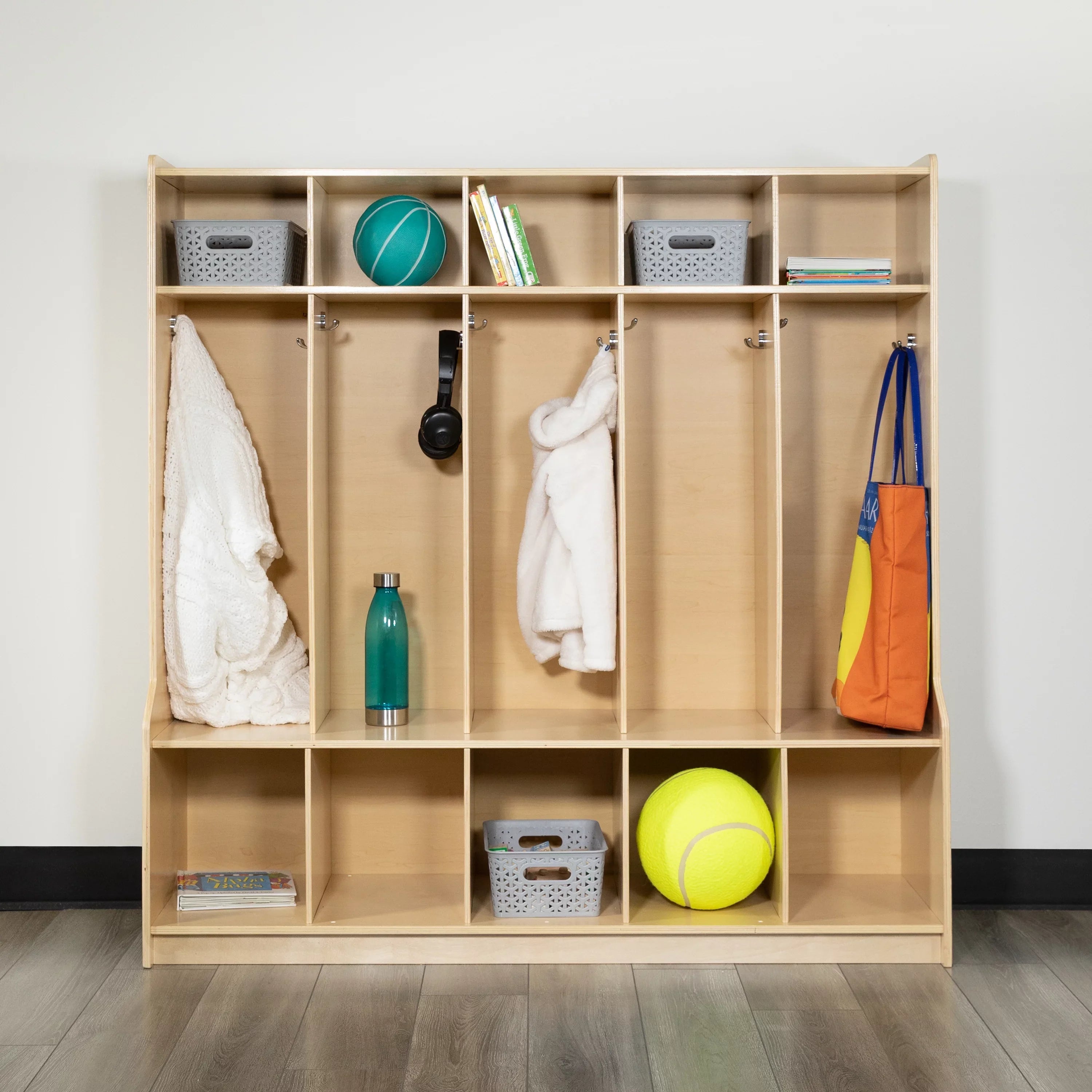Premium Premium Premium Emma + Oliver Wood 5 Section School Coat Locker with Bench, Cubbies and Storage Organizer Hook