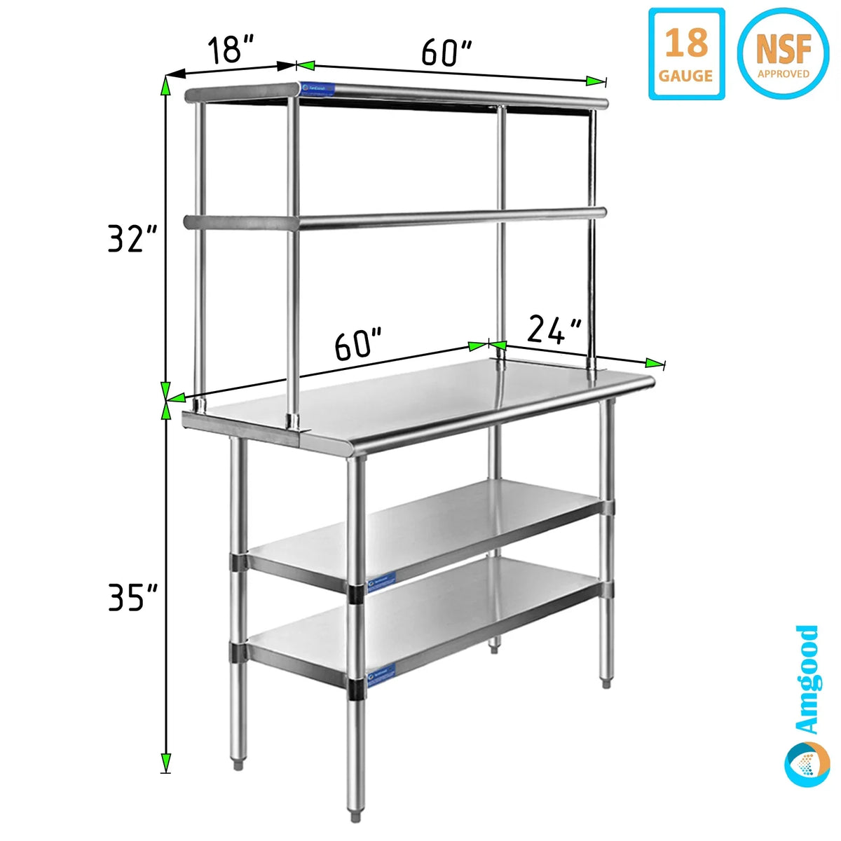24" x 60" Stainless Steel Work Table With Two Shelves | 18" Wide Double Tier Overshelf | Metal Kitchen Prep Table & Shelving Combo - Great Deal! - Great Deal! - Great Deal! - Great Deal!