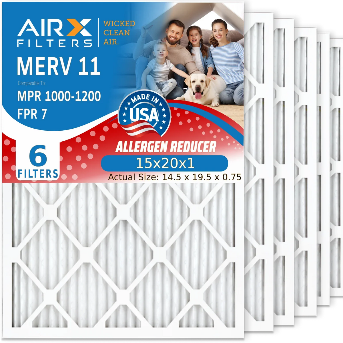 Premium 15x20x1 Air Filter MERV 11 Comparable to MPR 1000, MPR 1200 & FPR 7 Electrostatic Pleated Air Conditioner Filter 6 Pack HVAC Premium USA Made 15x20x1 Furnace Filters by AIRX FILTERS WICKED CLEAN AIR. - Great Deal!