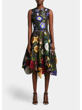 Premium OSCAR DE LA RENTA Womens Black Zippered Belted Sheer Lined Handkerchief Hem Floral Sleeveless Round Neck Midi Fit + Flare Dress 8 - Great Deal!