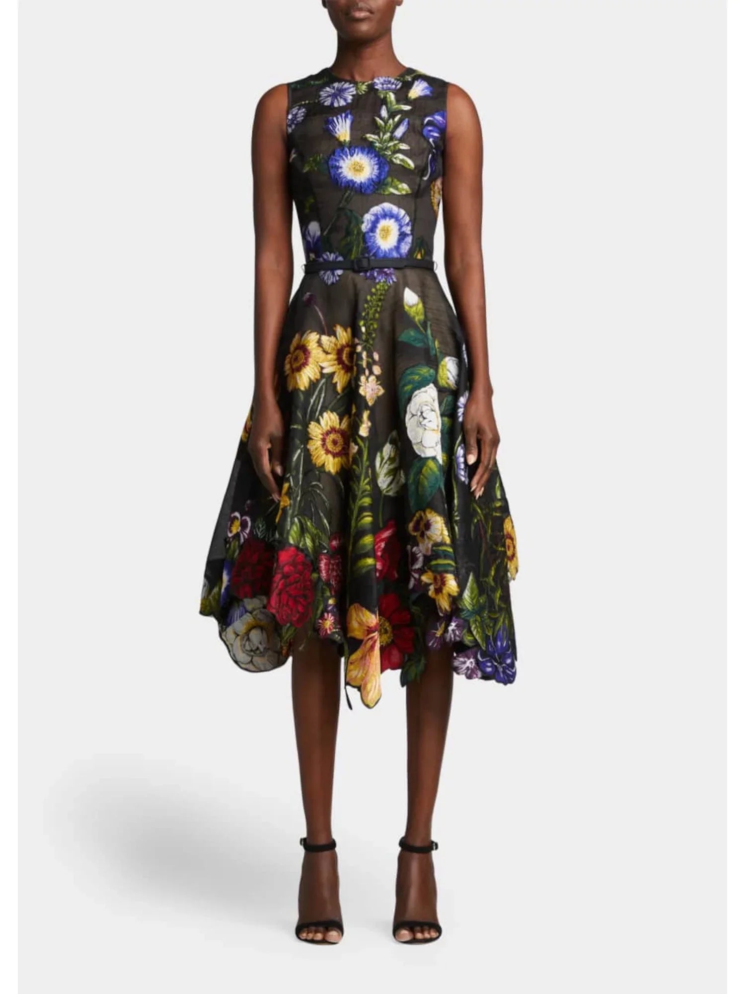 Premium OSCAR DE LA RENTA Womens Black Zippered Belted Sheer Lined Handkerchief Hem Floral Sleeveless Round Neck Midi Fit + Flare Dress 8 - Great Deal!