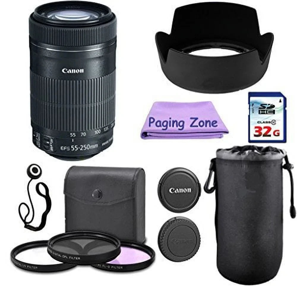Premium Canon EF-S 55-250mm IS STM Camera Lens. PagingZone Deluxe Kit Includes, 3Piece Filter Set + Lens Case + Lens Hood + 32GB Class 10 Card. For EOS 6D, 70D, 5D MK II III, Rebel T3, T3i, T4i, T5, T5i SL1. - Great Deal!