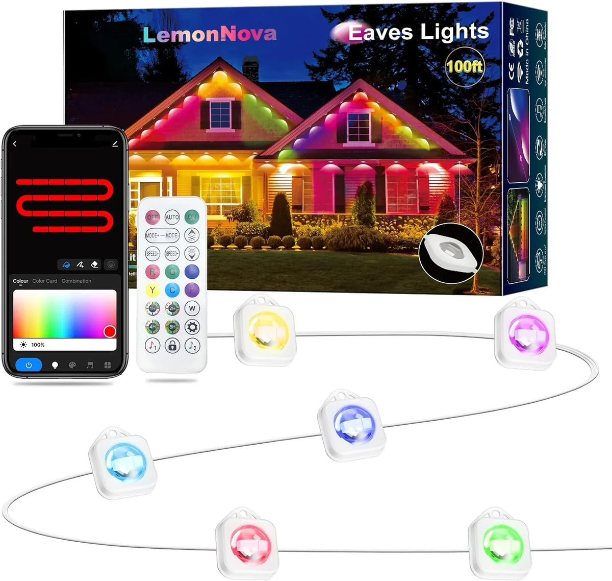 Permanent Outdoor Lights, 100ft with 72 LED Eaves Lights IP67 Waterproof, RGB Outdoor Lights with DIY Scene Modes, Suitable for Holiday and Daily Using, Work with Remote & Alexa - Great Deal!