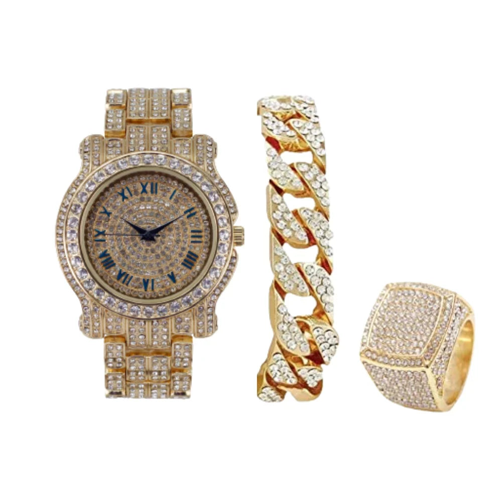 Premium Bling-ed Out Round Luxury Mens Watch w/Bling-ed Out Cuban Bracelet and Iced King Ring Set - L0504 BR 3pc Set(11,Gold #Blue) - Great Deal!