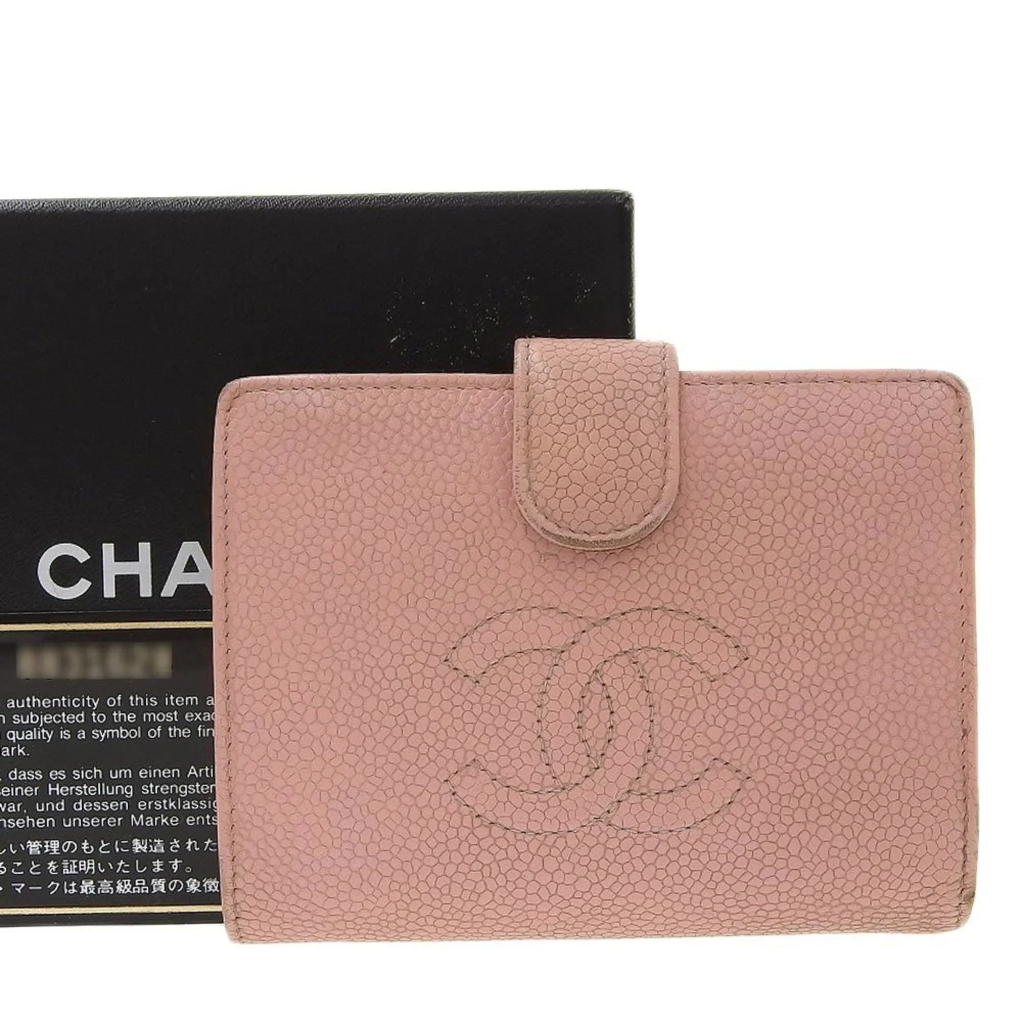 Pre-Owned Chanel CHANEL fold wallet with gama mouth caviar skin pink A13497 seal 8 series coco mark logo (Fair) - Great Deal!