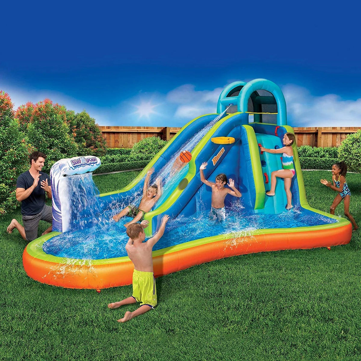 Premium Premium Inflatable Giant Water Slide - Huge Kids Pool (14 Feet Long by 8 Feet High) with Built in Sprinkler Wave and Basketball Hoop - Heavy Duty Outdoor Surf N Splash Adventure Park - Blower Included