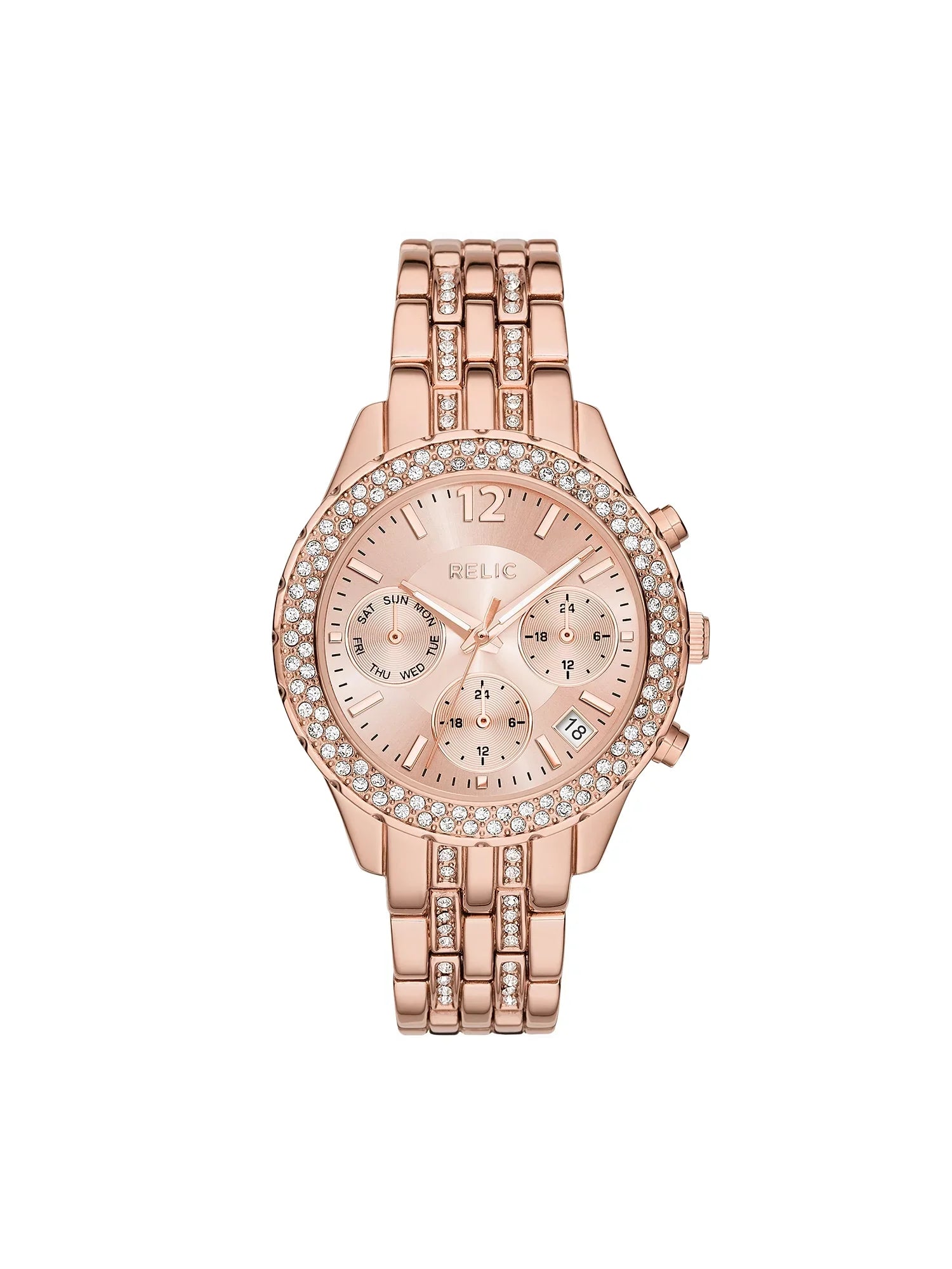 Premium Relic By Fossil Merrit Womens Multi-Function Rose Goldtone Watch with Matching Band - Great Deal!
