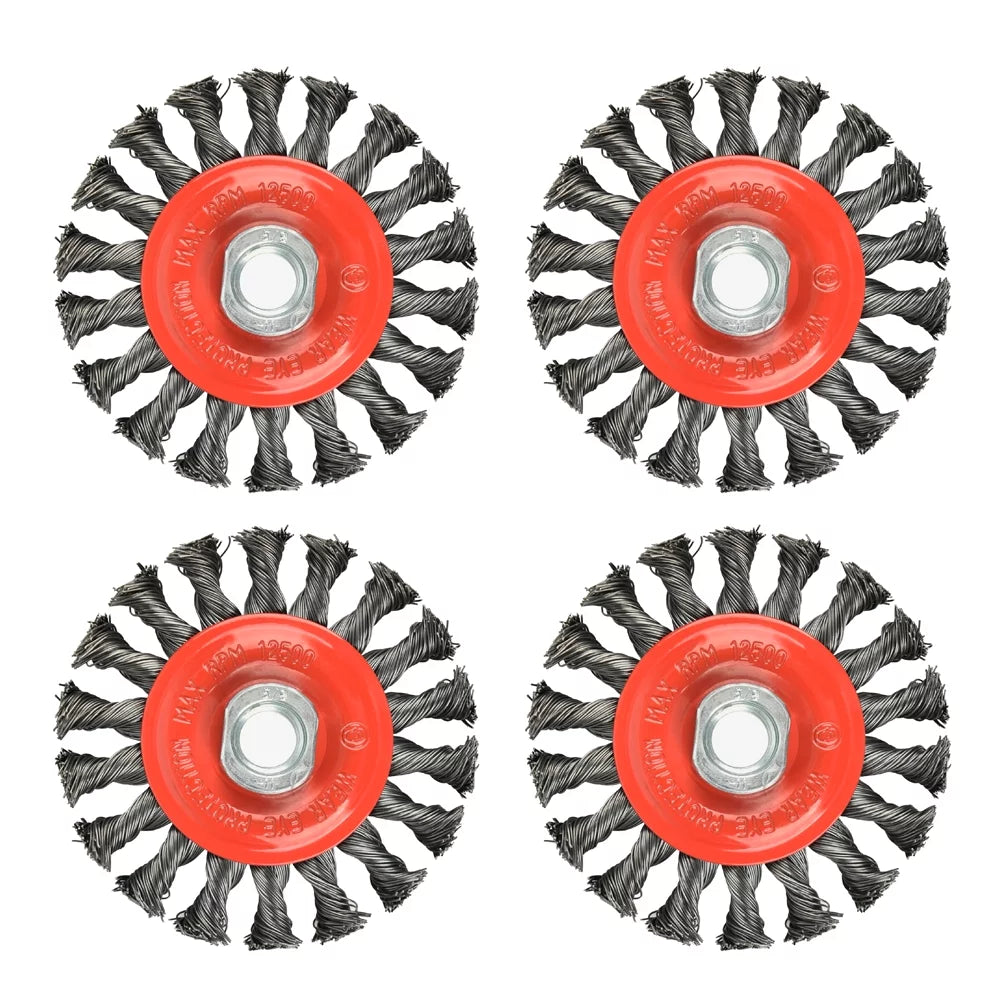 4 Pack Brush, 4 Inch Twist Knotted Wire Cup Brush, Twist Wire Wheel for Grinders, 5/8"-11 UNC