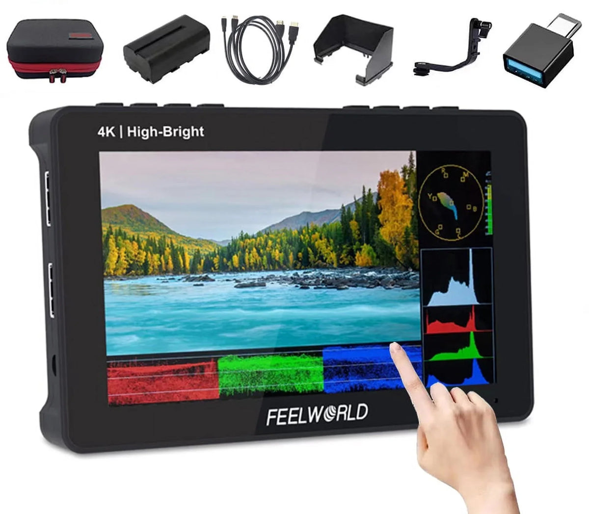 Premium FEELWORLD F6 Pro +Battery +Carry Case 5.5 Inch 1600nits Touchscreen DSLR Camera Field Monitor with 3D LUT F970 External Kit Install for Power Wireless Transmission FHD 1920x1080 4K HDMI