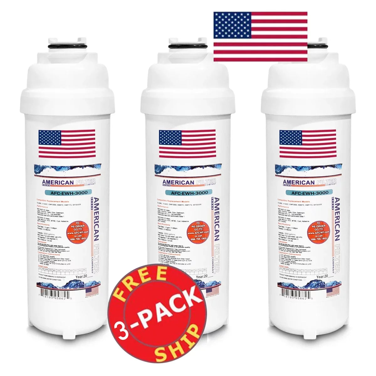 Premium AFC Brand , Water Filter , Model # AFC-EWH-3000 , Compatible with HTVZ8SS-WF - 3 Filters - Made in U.S.A. - Great Deal!