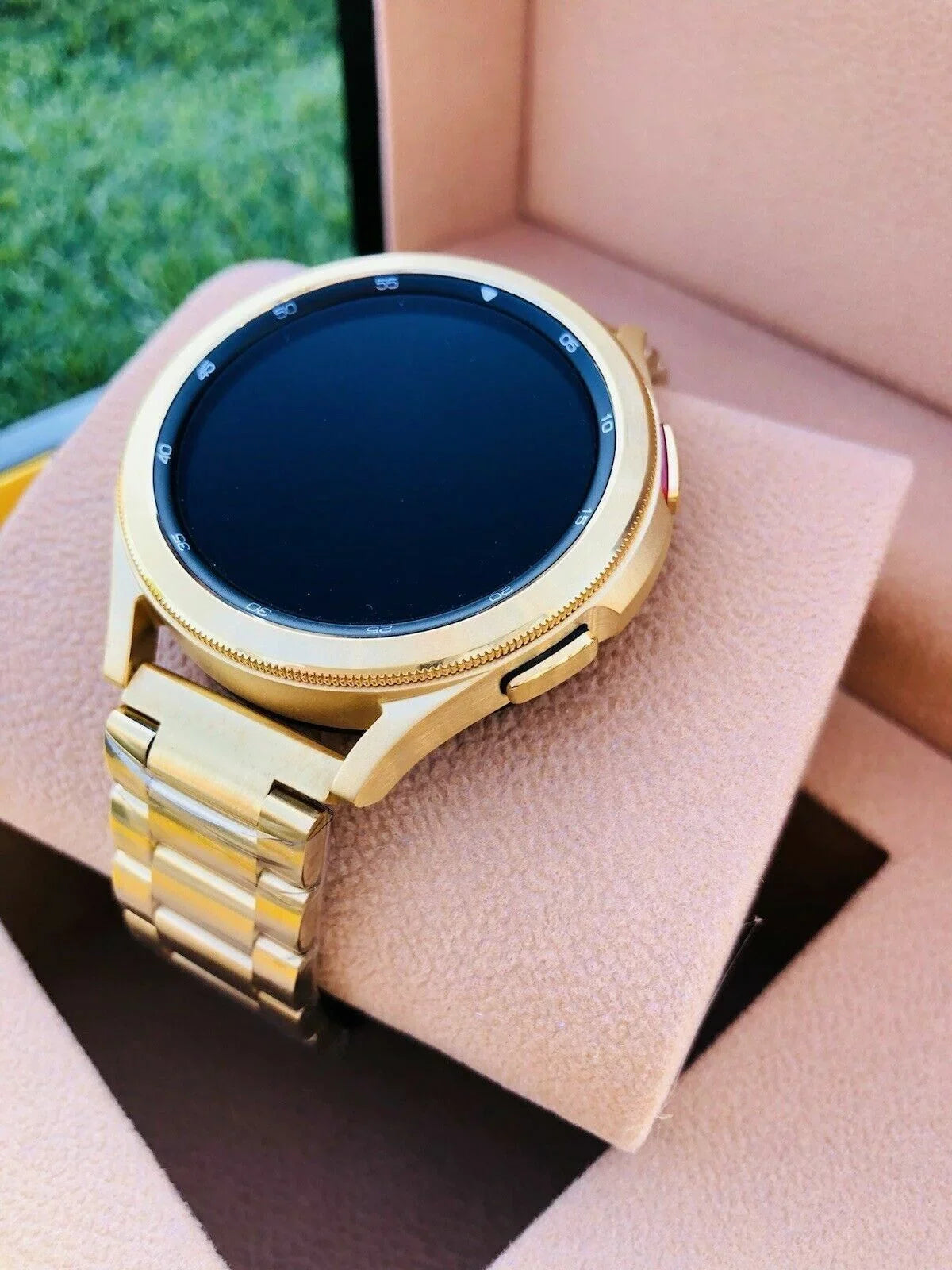 Premium Custom 24k Gold Plated 46mm Samsung Galaxy Watch 4 Gold Bezel Gray Gold Band LTE