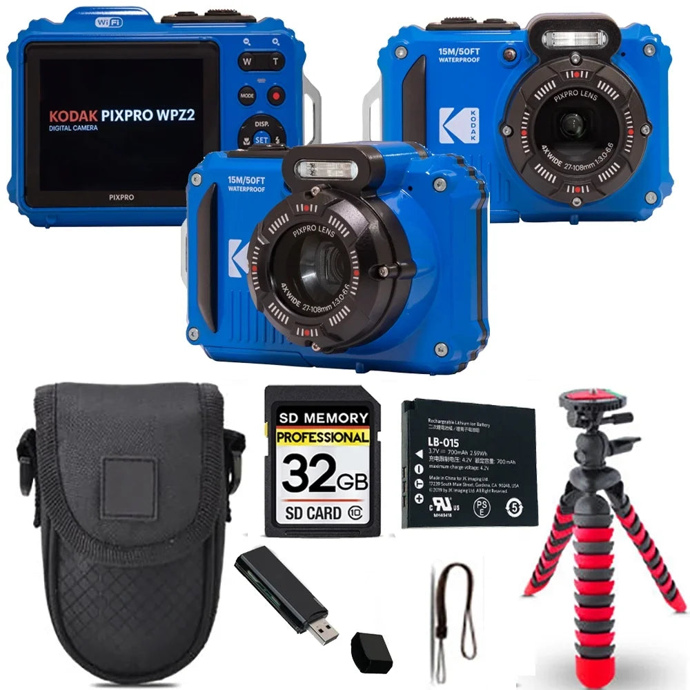 Premium Premium Kodak PIXPRO WPZ2 Digital Camera (Blue) + Spider Tripod + Case - 32GB Kit