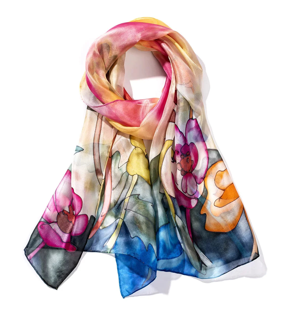 Premium Invisible World Women's Silk Scarf for Hair Hand Painted Floral Poppy Garden