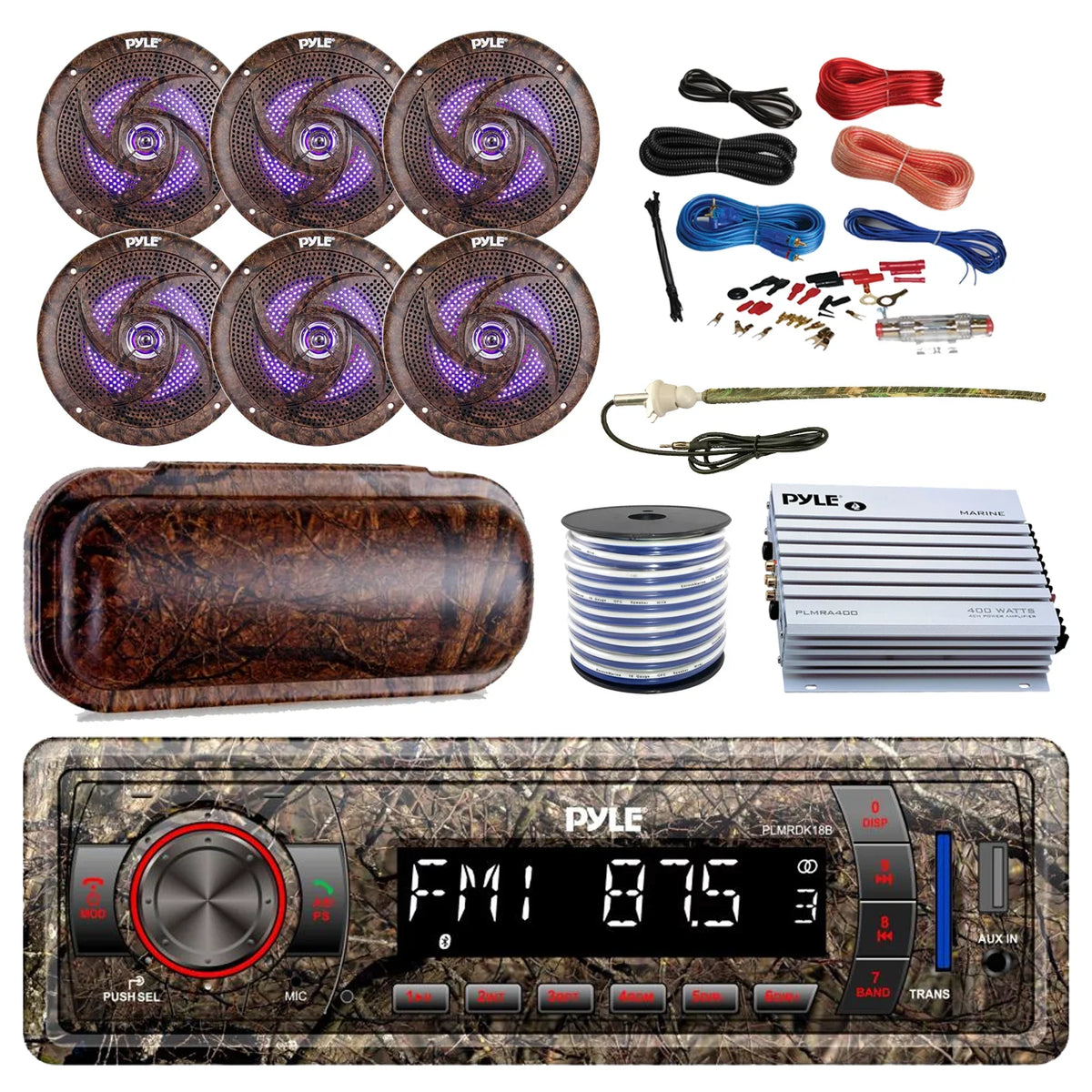 Premium Pyle Marine DIN Wireless MP3 USB AUX Camo AM/FM Radio, 6x 6.5" Waterproof Camouflage LED Speakers, Elite Series 4-Channel Amplifier, Stereo Cover, Enrock Antenna, 18-G 50 Ft Wire, Amp Install Kit - Great Deal!