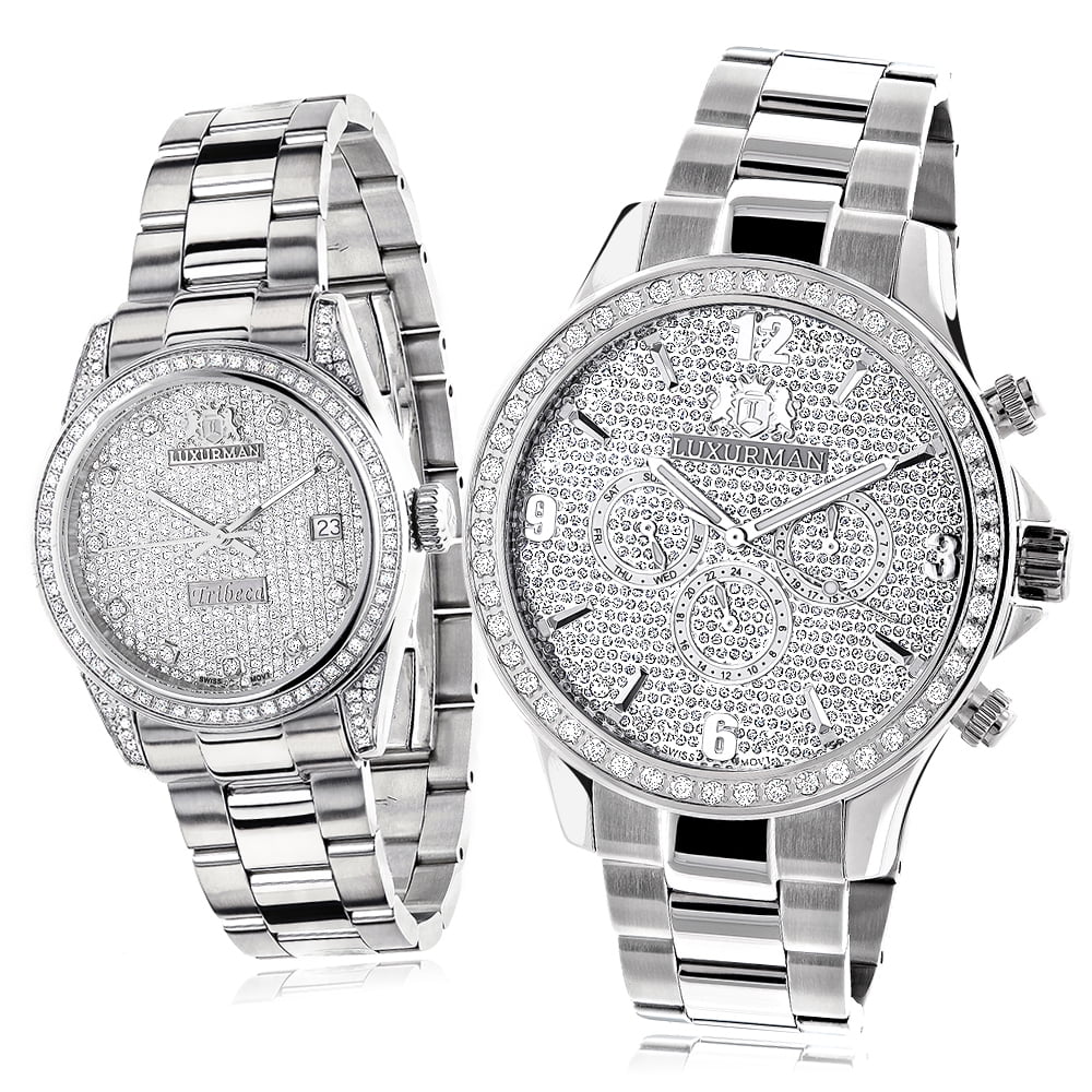 Premium His and Hers Watches: Stainless Steel Diamond Watch Set 3.5ct - Great Deal! - Great Deal!