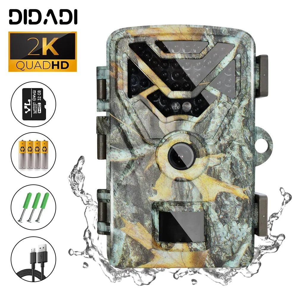 Premium Game Camera (SD Card Included)DIDADI 30MP 2K Wide-Angle Trail Camera Night Vision Hunting Cameras with 0.2s Trigger Time IP65 Waterproof Trail Cam with 850nm LCD 34pcs for Wildlife Monitoring - Great Deal!