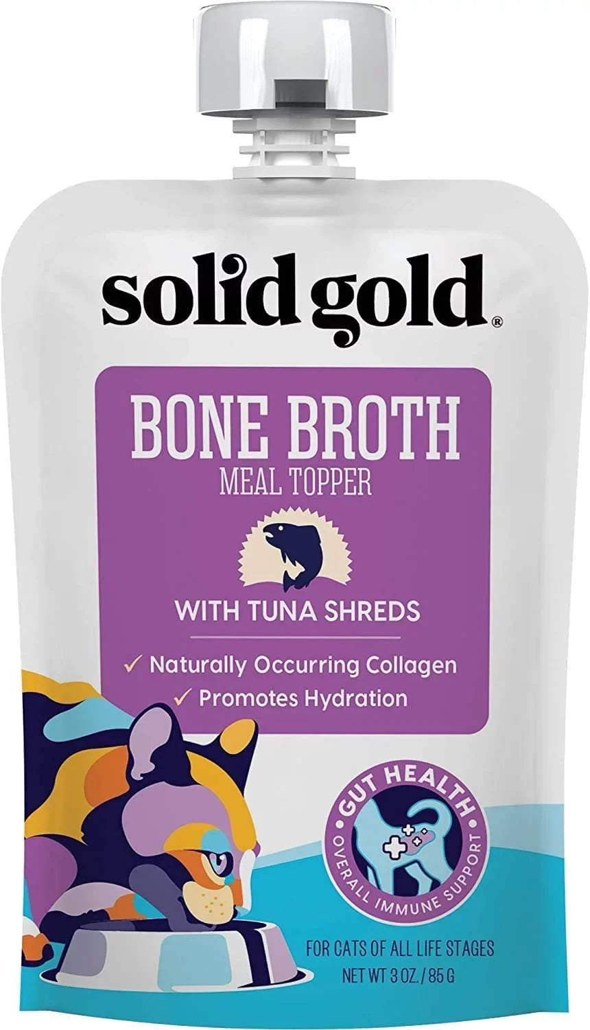 Premium Solid Gold Bone Broth Meal Toppers for Cats - Nutrient Rich Wet Cat Food Meal Toppers with Tuna Shreds to Promote Hydration - Easy to Serve Grain Free Cat Food Gravy 12 Pack
