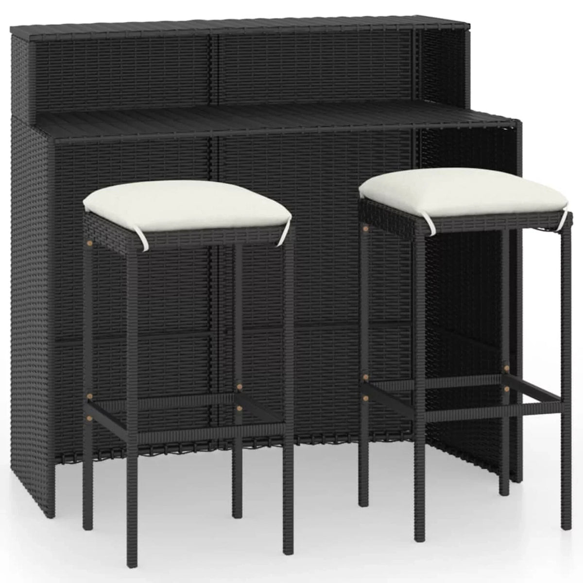Dcenta 3 Piece Garden Bar Set Table with Storage Shelf and 2 Cushioned Stool Chairs Dining Set Black Poly Rattan for Bistro, Pub, Backyard, Terrace, Patio - Great Deal!