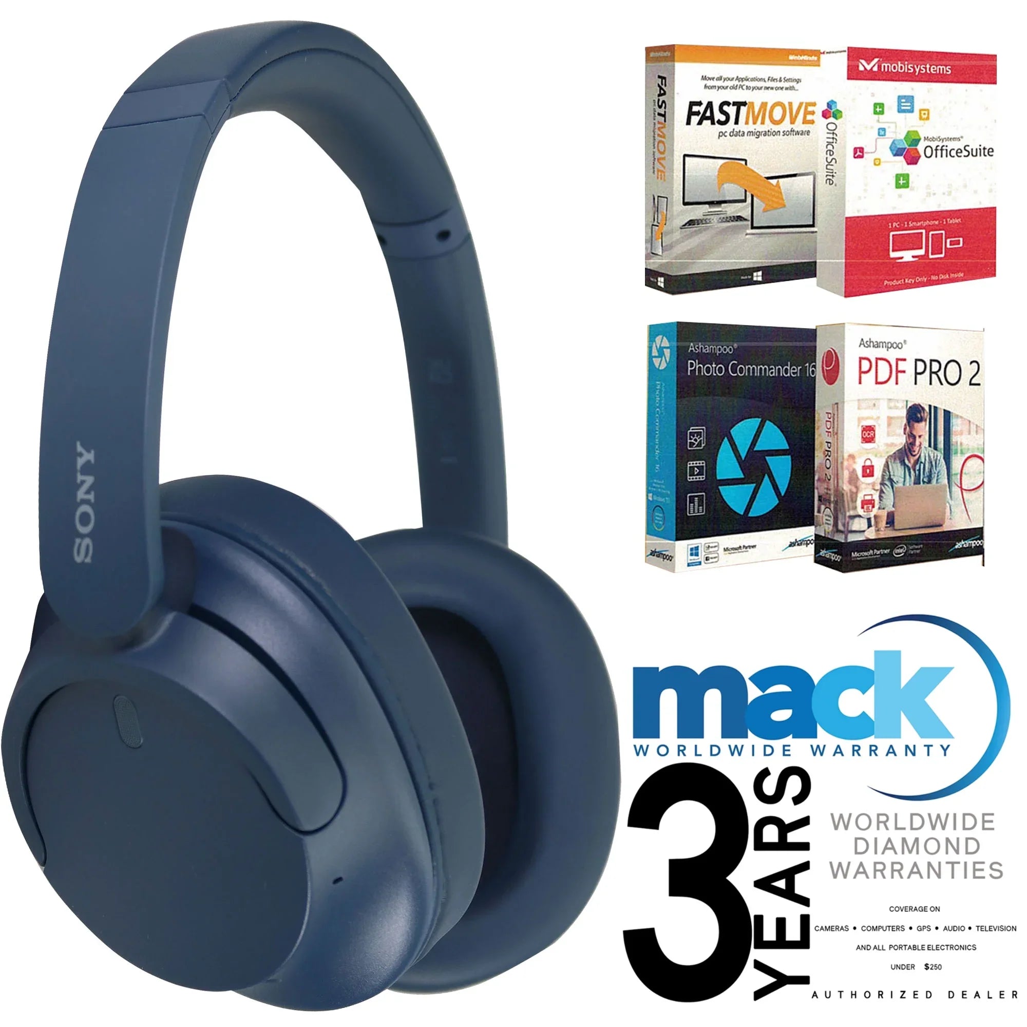 Premium Sony Wireless Noise-Canceling Audio Headsets WH-CH720N Blue with 3yr Diamond Mack Warranty and Software - Great Deal!