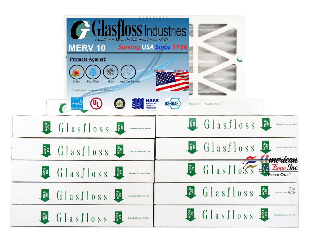 Premium Glasfloss Air Filter 10x24x2 - 2" MERV 10 - (Pack of 12) - Pleated AC or HVAC Air Filter - Furnace Air Filter - Home or Office - Made In The USA. - Great Deal!