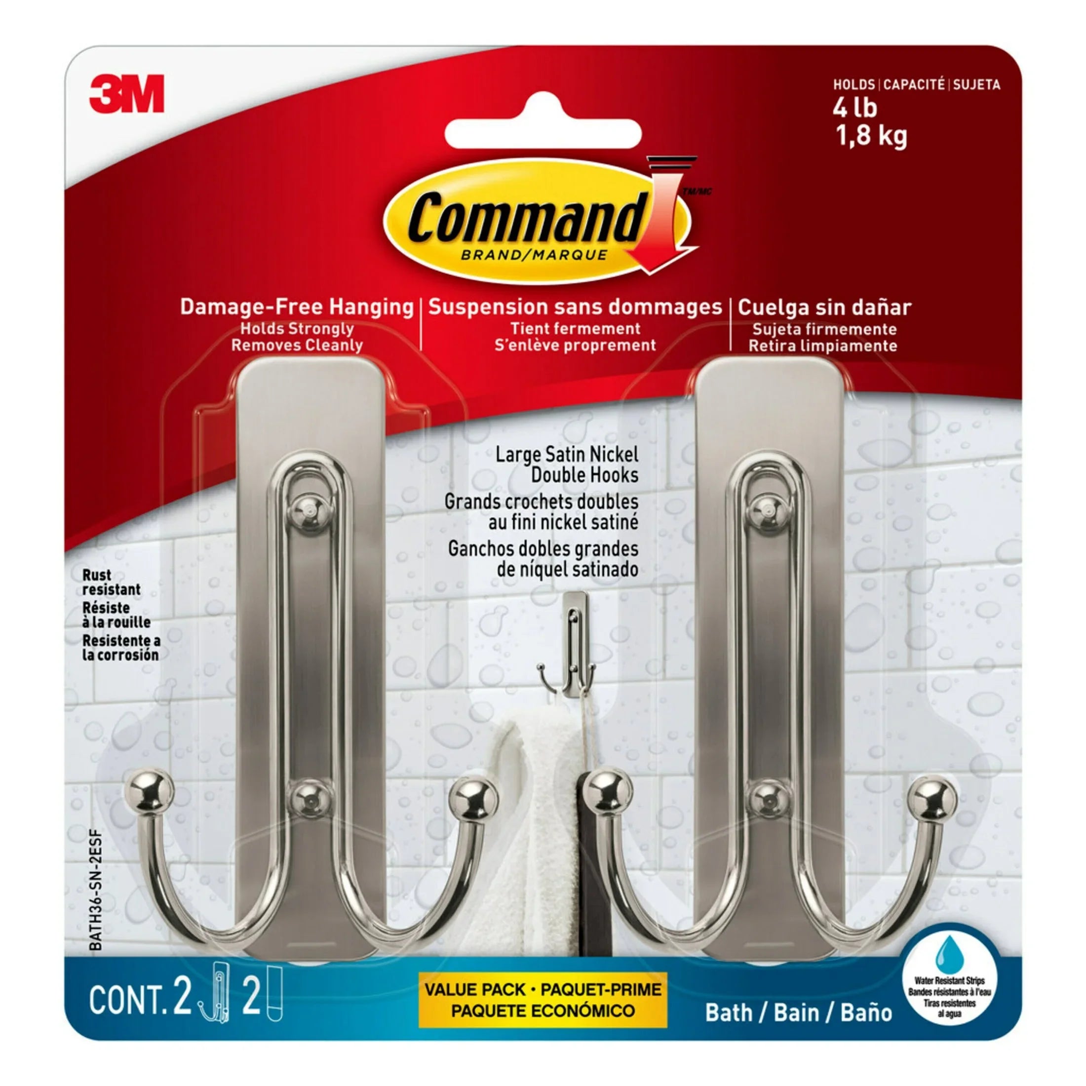 Premium Command Bath Large Satin Nickel Double Hooks, 2pk - Great Deal!