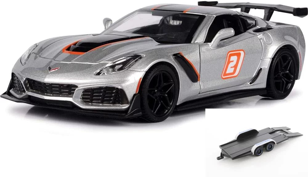 Premium Diecast Car w/Trailer - 2019 Chevy Corvette ZR1 #2, Silver - Motor Max 73785SV - 1/24 scale Diecast Model Toy Car - Great Deal!