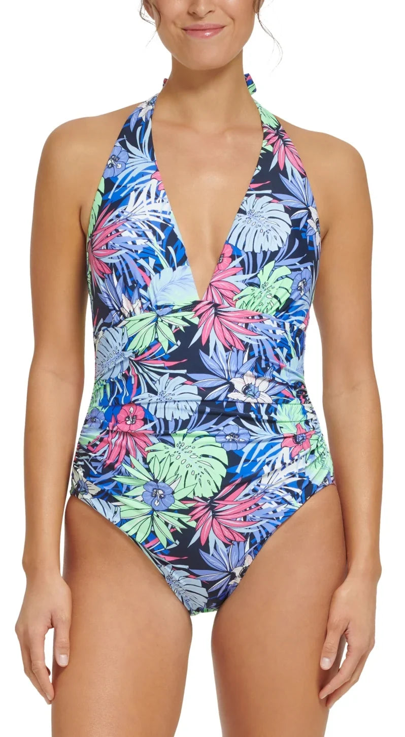 Premium Premium Tommy Hilfiger NEO MINT ALOHA FLORAL Standard Halter One-Piece Swimsuit, US 12 - Great Deal!