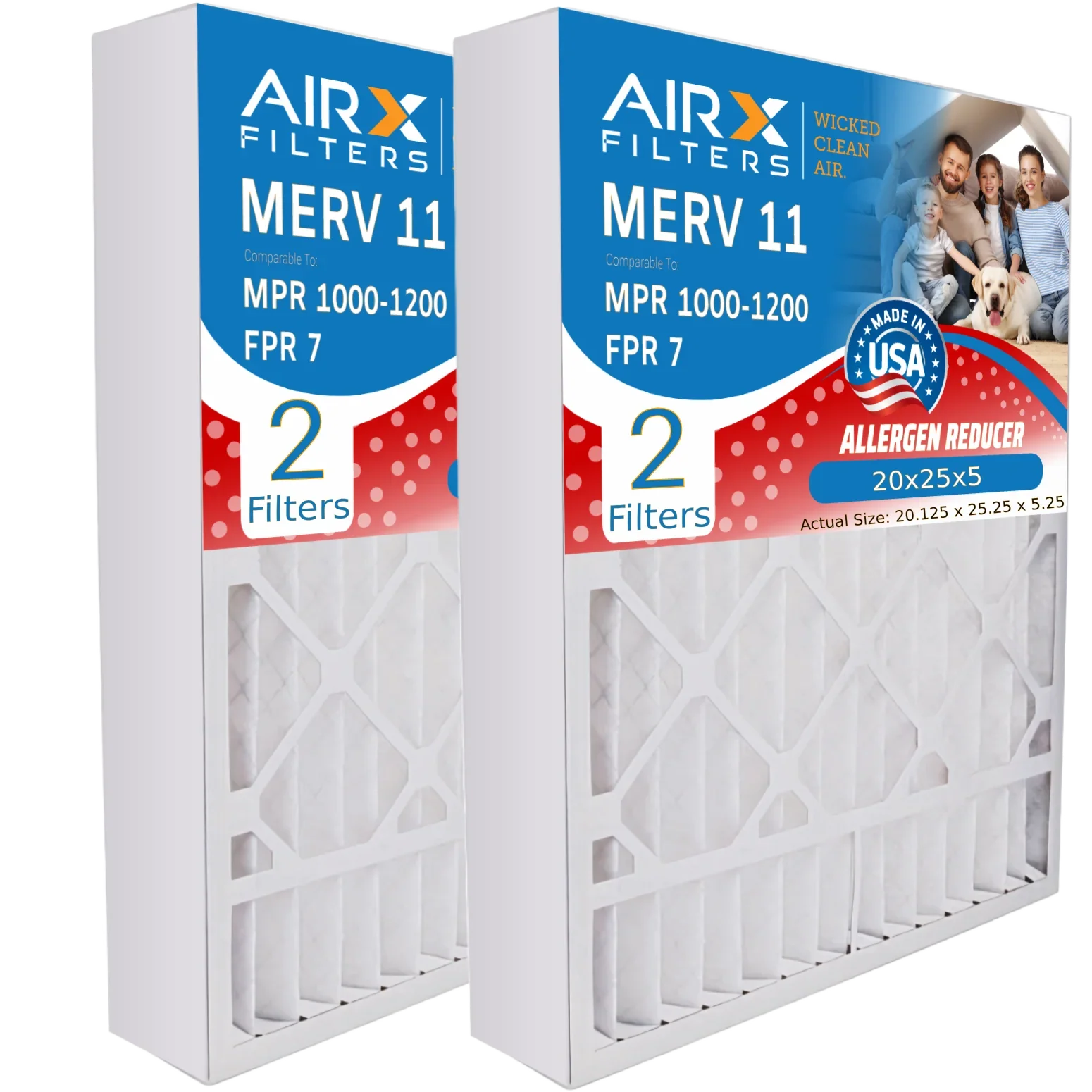 Premium Premium 20x25x5 Air Filter MERV 11 Comparable to MPR 1000, MPR 1200 & FPR 7 Compatible with Goodman / Amana M8-1056 Premium USA Made 20x25x5 Furnace Filter MERV 11 - 2 pack by AIRX FILTERS WICKED CLEAN AIR. - Great Deal!