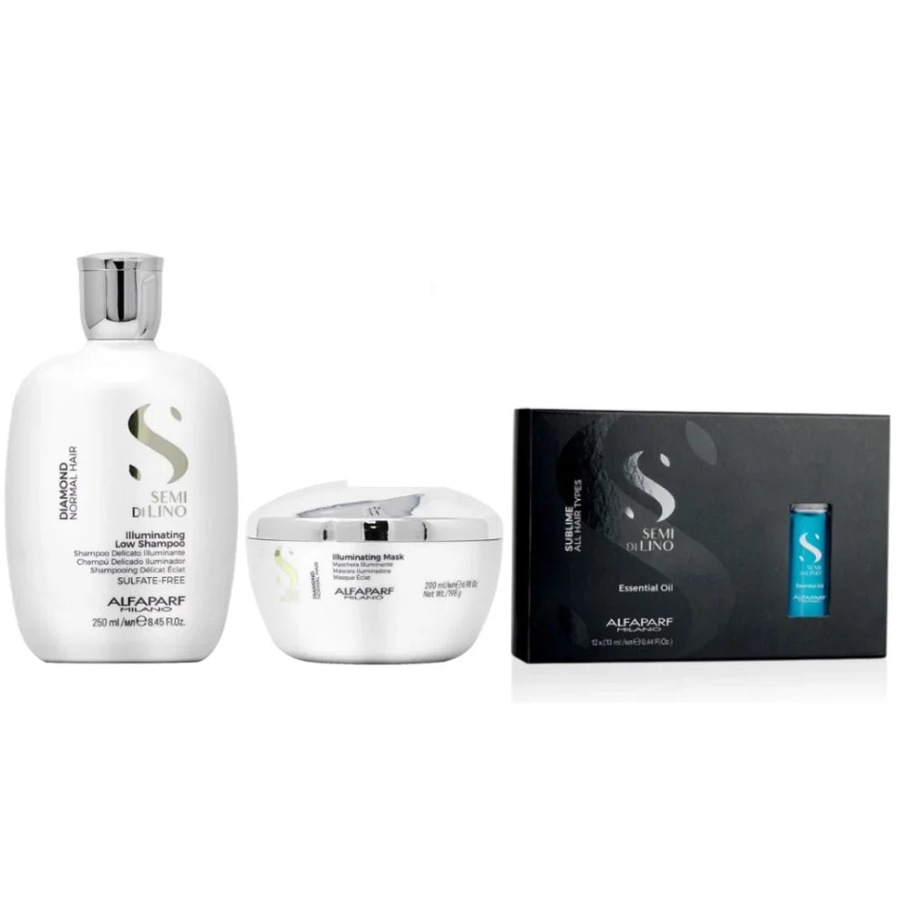 Premium Premium Premium Alfaparf Diamond Illustrating Low Shampoo 8.45oz + Mask 6.98oz + Sublime Essential Oil 12x13ml w Processing Caps